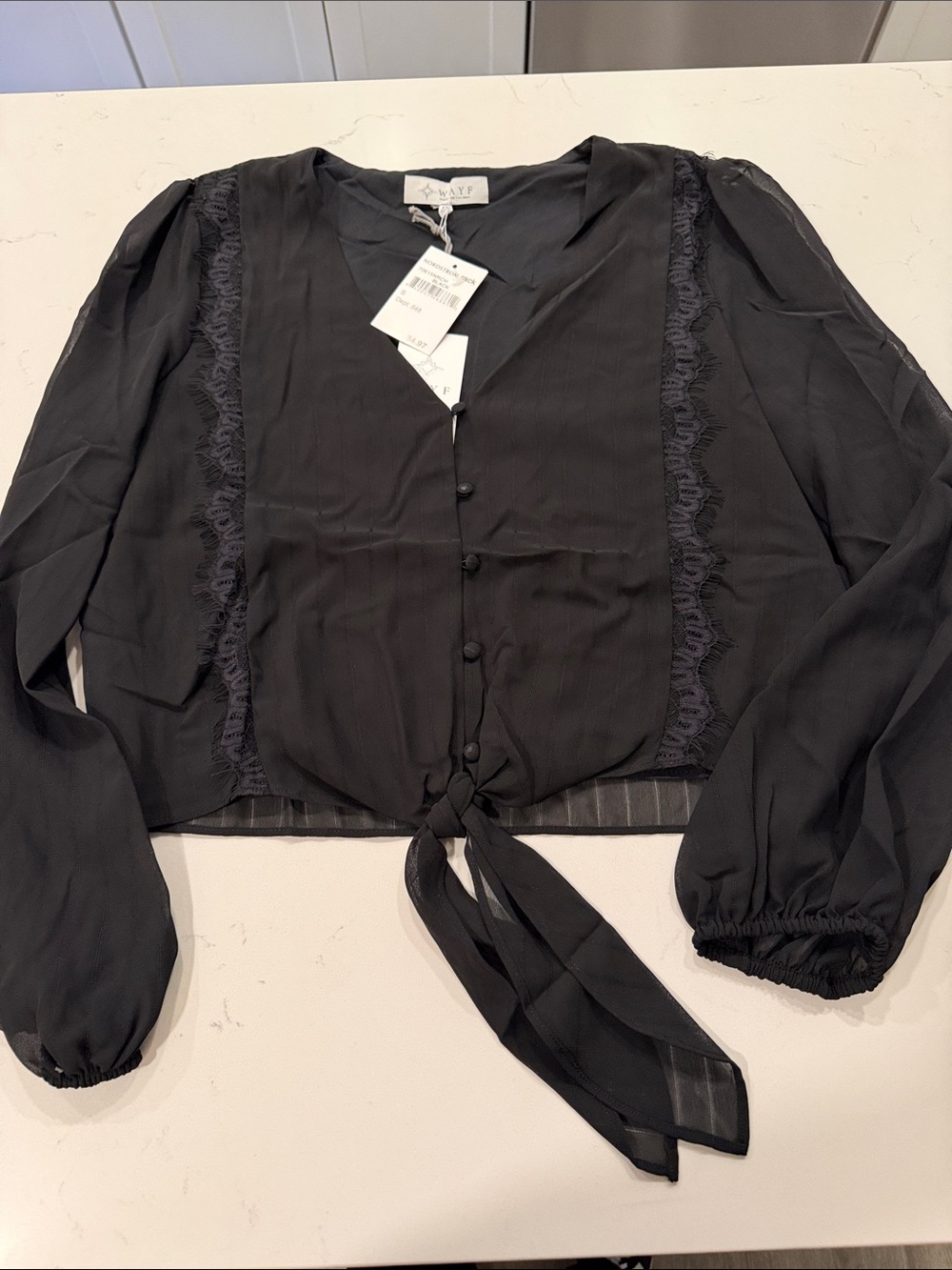 Wayf Black Tie-Front Long Sleeve Sweater